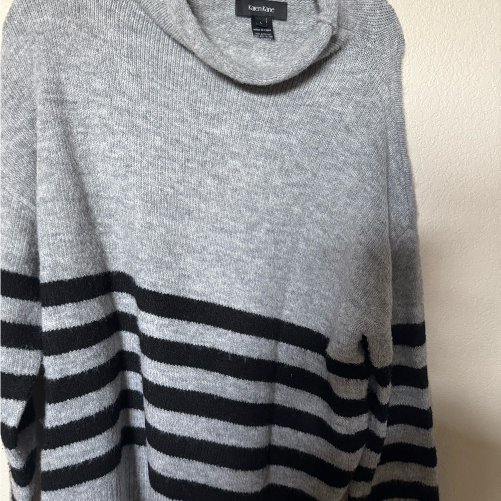 Karen Kane Heather Gray and Black Striped Cowl Neck Sweater